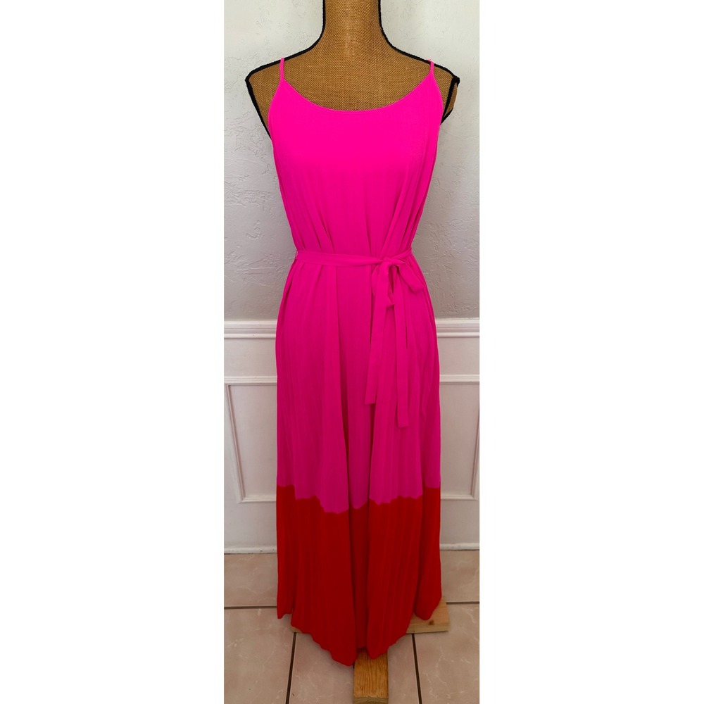 Skies Are Blue Womens Pink Red Colorblock Pleated Maxi Dress Belted Sleeveless